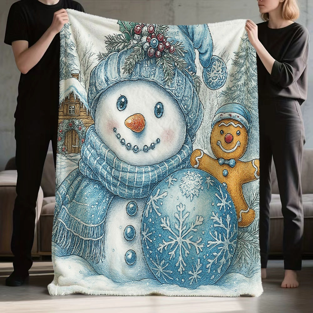 1pc, 2D Flat Snowman and Gingerbread for Man Pattern Flannel Blanket, Soft, Comfortable, and Warm, Blue and White Christmas-themed Design, Durable Plush Surface, Suitable for All Seasons, a Cozy Throw Blanket, Suitable for Weekend Naps on the Sofa