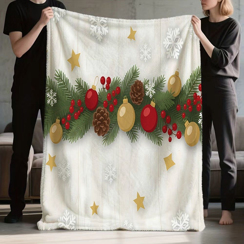 1pc Christmas Holiday Theme Pine Branch Red Golden Ball Snowflake Design White Flannel Blanket, Soft Comfortable Warm, All-Season Blanket, Warm Cover, Suitable for Living Room Sofa, Bedroom, Casual Reading, Winter Heating, And Holiday Decor