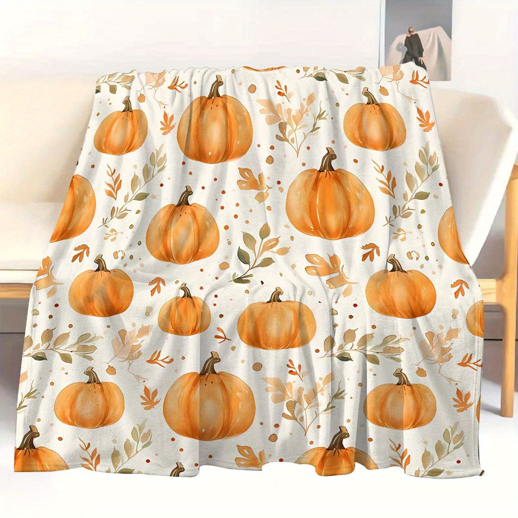 1pc of Pumpkin-patterned Autumn-themed Flannel Blanket, Soft, Comfortable, and Warm, with a Beige and Orange Design, Durable Plush Surface, All-season Universal Bed Throw, Warm Lap Blanket, Available in Multiple Sizes, Suitable for Living Rooms
