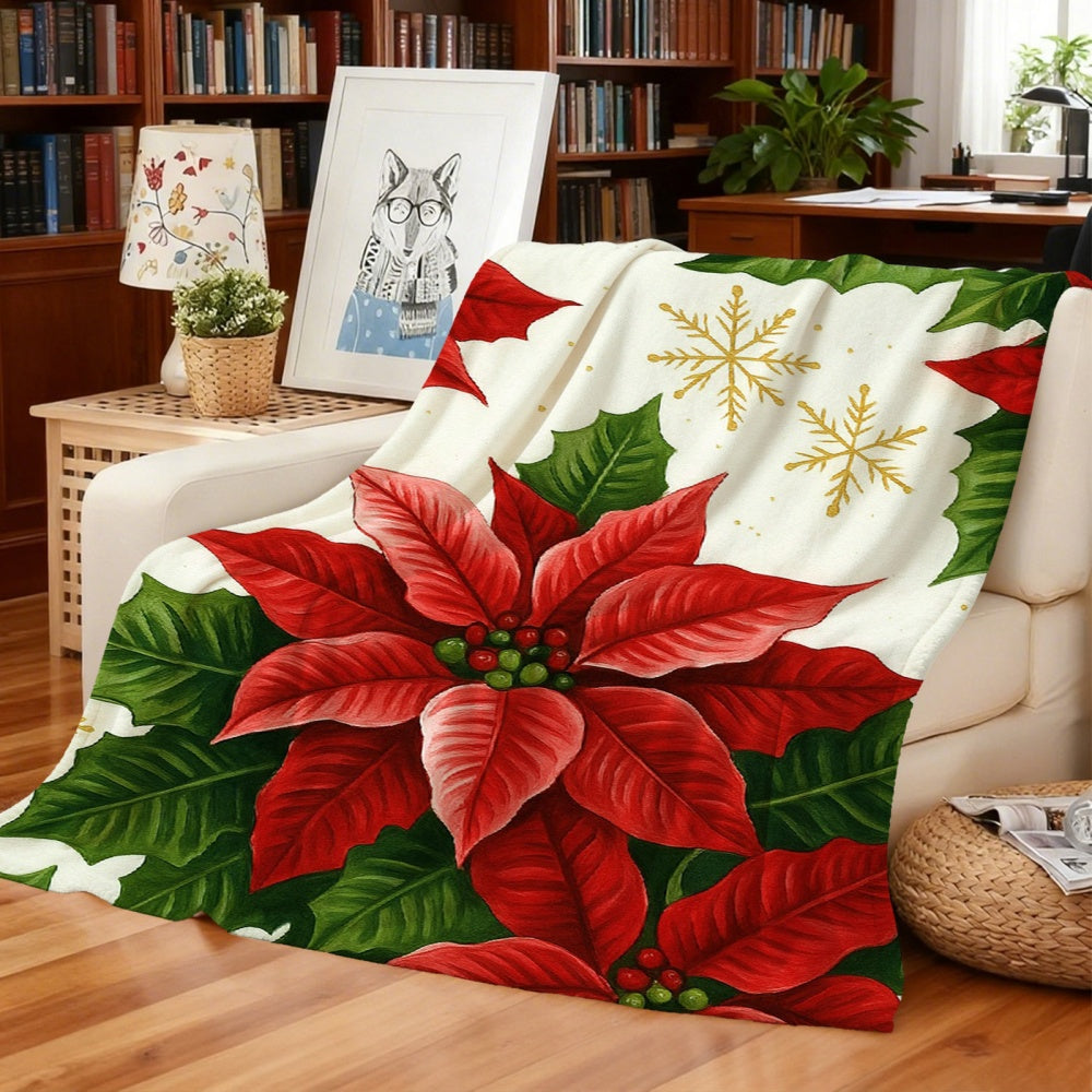 1pc of Cream Beige Flannel Blanket with Christmas Red and Green Floral and Golden Snowflake Patterns, a Christmas Winter Body Blanket, Soft Plush for All Seasons, Suitable for Holiday Home Decor, Home Naps, and Reading Time