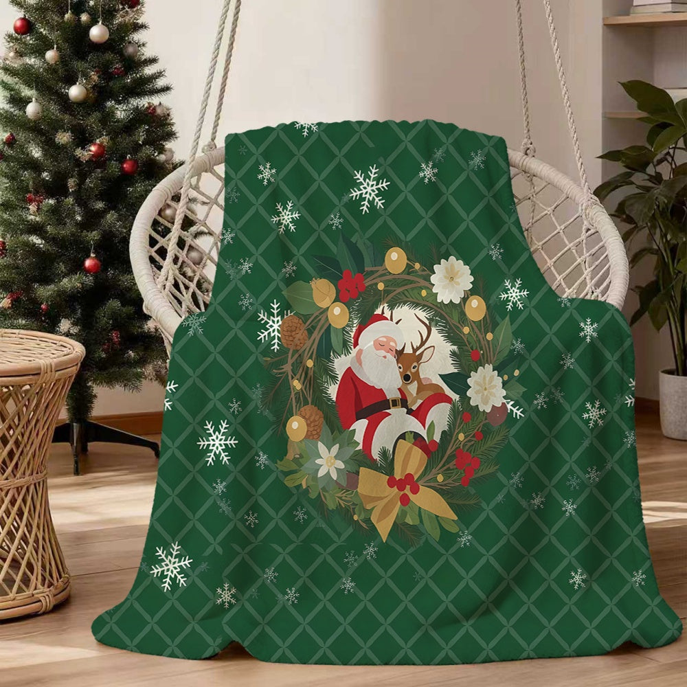 Santa Claus and Reindeer Wreath Pattern, Green Plaid Design Flannel Blanket, Soft, Comfortable, and Warm, All-season Sofa Throw, Warm Cover Blanket, Suitable for Living Room Sofas, Bedroom, Leisure Reading, Holiday Decoration, and Winter Warmth
