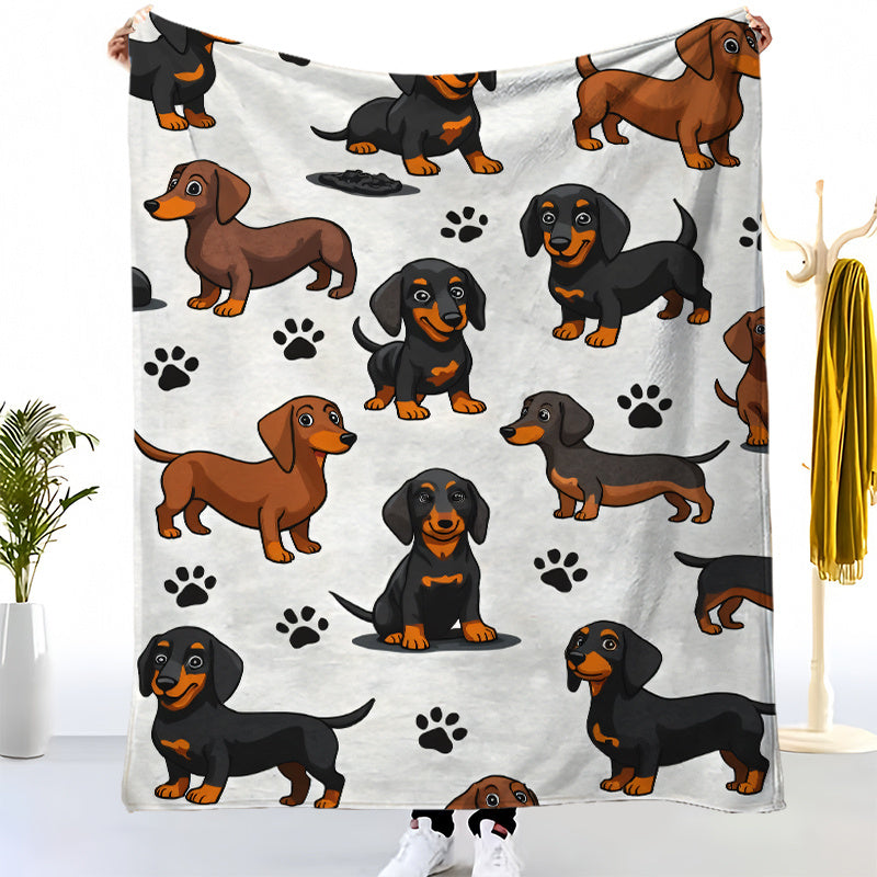 1pc Sausage Dog Pattern Flannel Blanket, Soft Comfortable Warm, Beige White Design, Durable Plush, All-Season Bed Blanket, Warm Cover, Multiple Sizes Available, Suitable for Living Room Sofa, Bedroom Headboard, Reading Corner, Leisure Time
