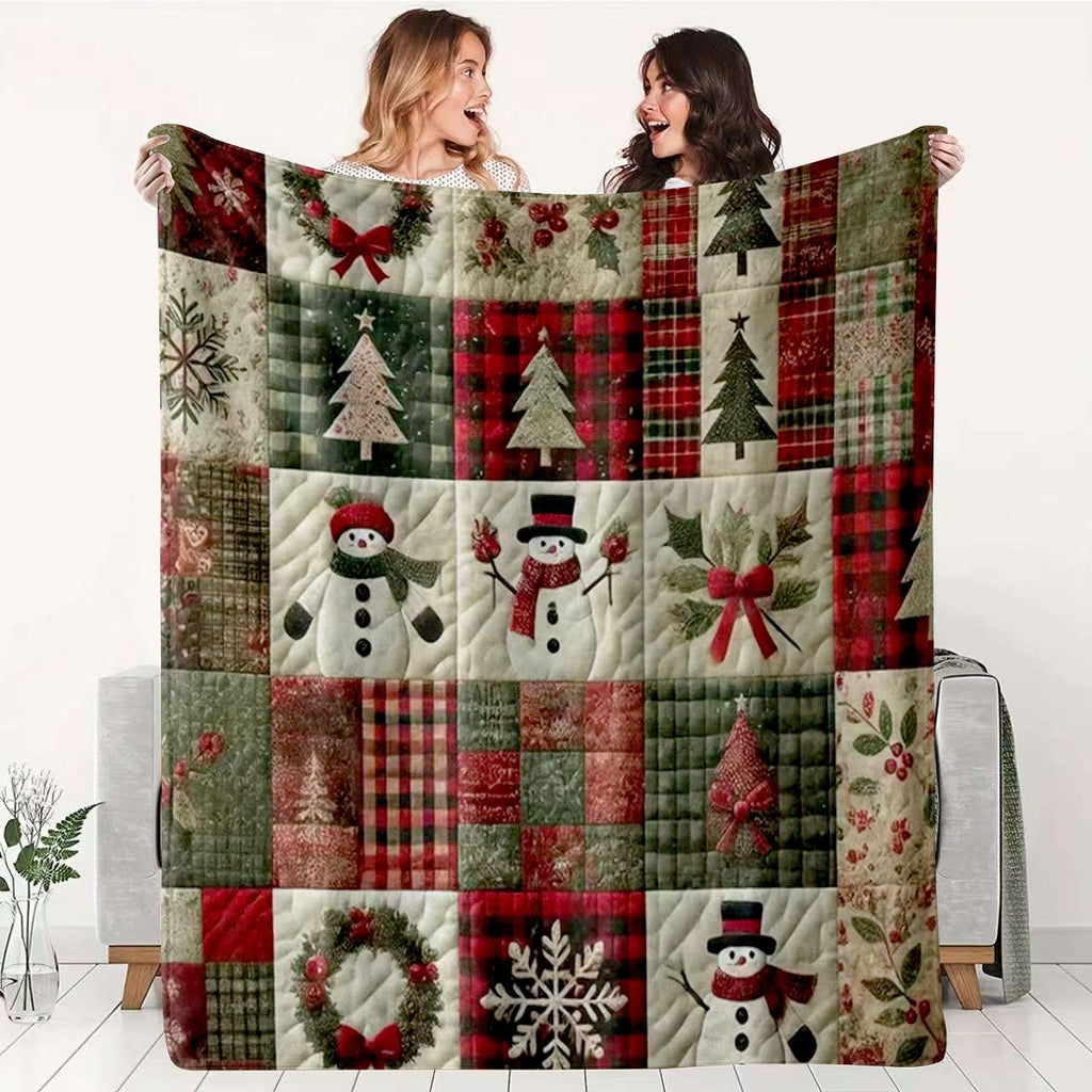 1pc Christmas Theme Quilted Blanket, Snowflake Snowman Christmas Tree Pattern, Red and Green Plaid Patchwork Design, Holiday Decoration Sofa Blanket, Winter Warmth Thickening, Single Nordic Style Home Soft Decoration, New Year's Gift Is Preferred