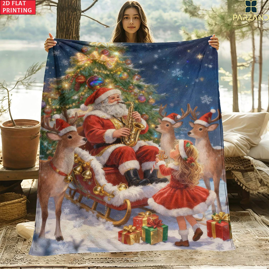 1pc Santa Claus Playing Saxophone And Reindeer Girl Pattern Black Red Main Color Flannel Large Blanket, Multi-Size Full-Body Blanket, Christmas Winter Decor, Durable Plush, All-Season Use, Suitable for Bed End Decoration, Dorm Life, Weekend Sofa Nap