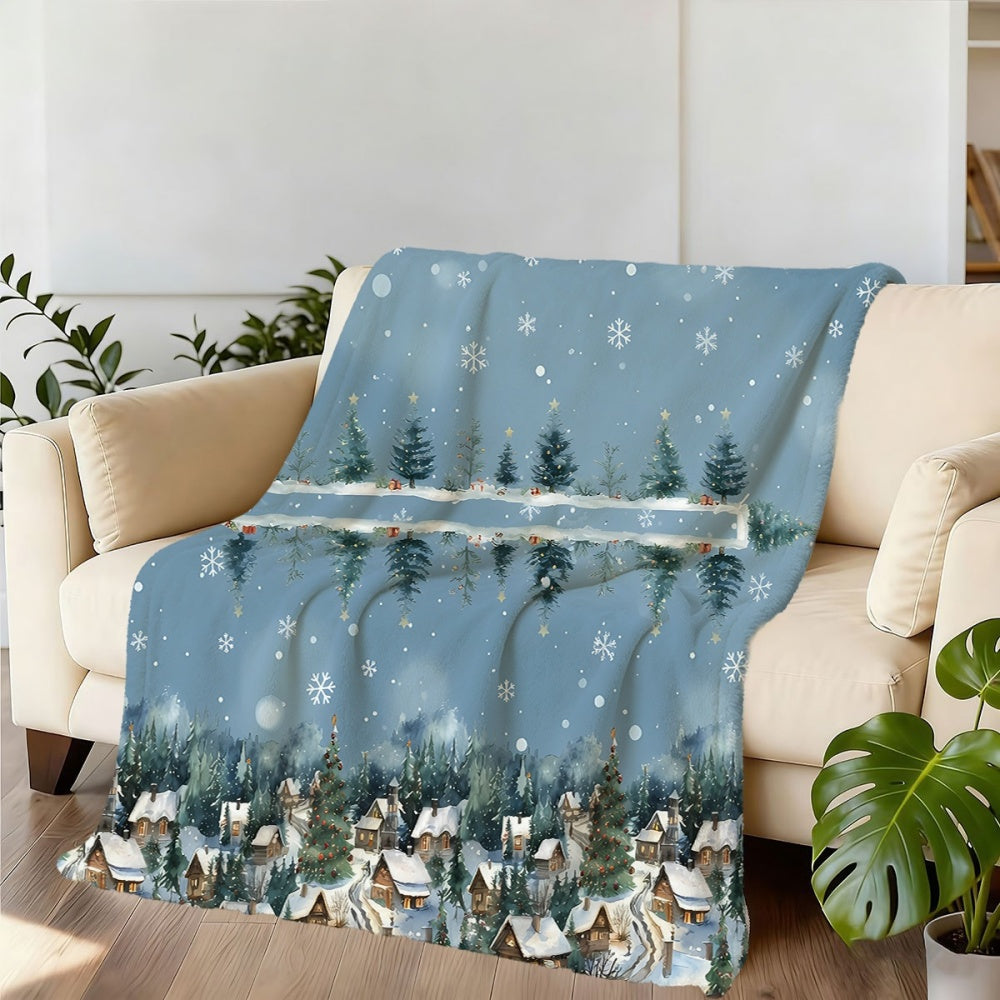 1pc Christmas Snowy Forest and Cabin Pattern Flannel Blanket, Soft, Comfortable, and Warm, Blue Design, Durable Plush Surface, All-Season Universal Sofa Blanket, Warm Throw Blanket, Multiple Sizes Available, Suitable for Living Room Sofas