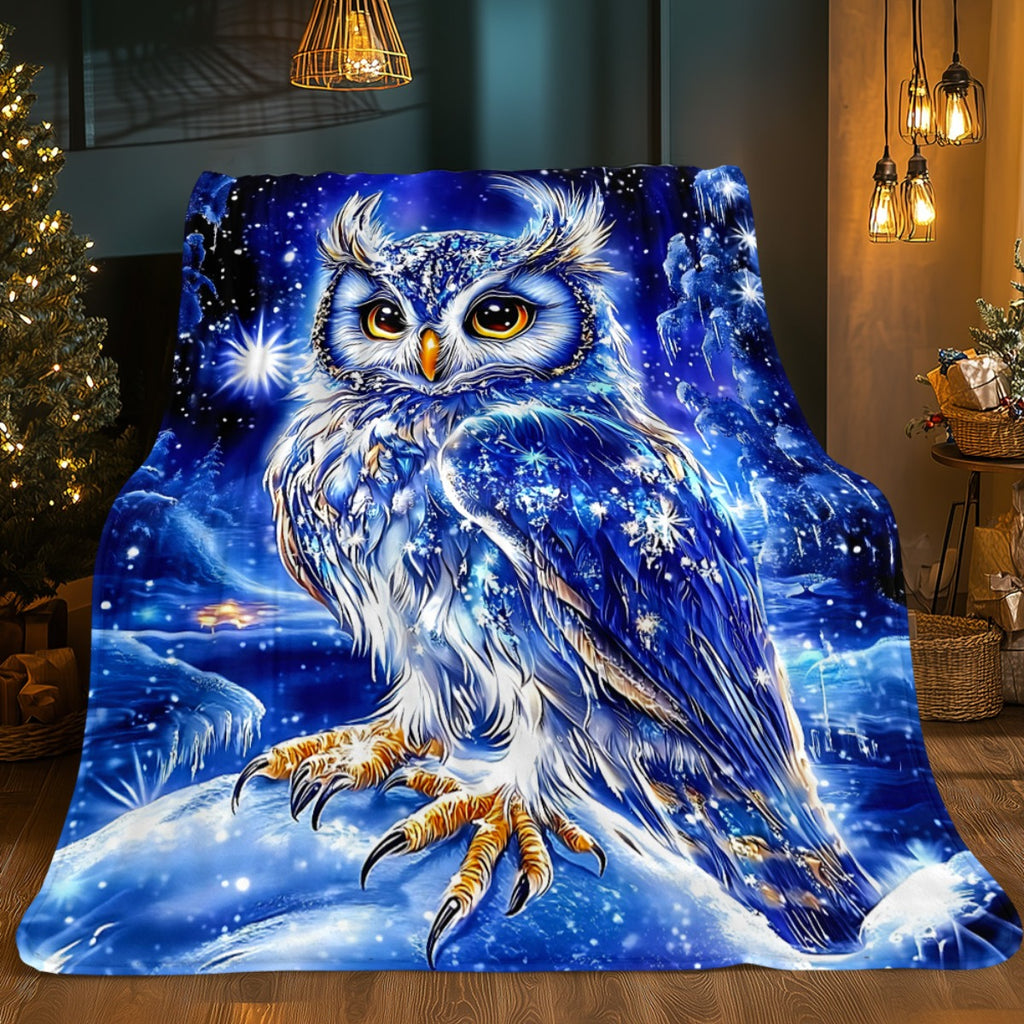 1pc 2D Flat-printed Blue Starry Night Snowy Owl Blanket, Soft Flannel Throw—dark Blue and White Design, Multiple Sizes Available. Suitable for Living Room Sofas, Bedroom, Reading Nooks, Leisure Time, and Holiday Decoration, 2D Flat