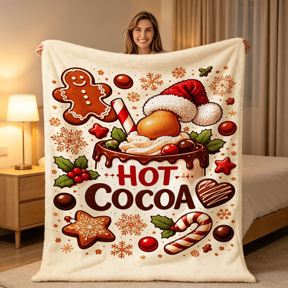 1pc Gingerbread for Man and Hot Cocoa Christmas Themed Beige Flannel Large Blanket, Winter Holiday Decorative Design, Large Plush Throw Blanket, Suitable for Home Naps, Weekend Sofa Lounging, and Seasonal Home Use