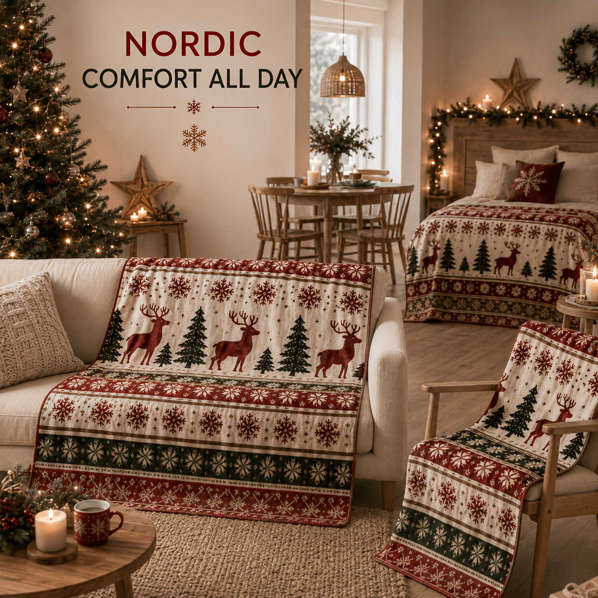 Blanket, Nordic Caribou Snowflake Christmas Flannel Blanket Autumn and Winter Warmth Living Room Sofa Blanket Bedroom Blanket Lunch Break Air Conditioning Blanket