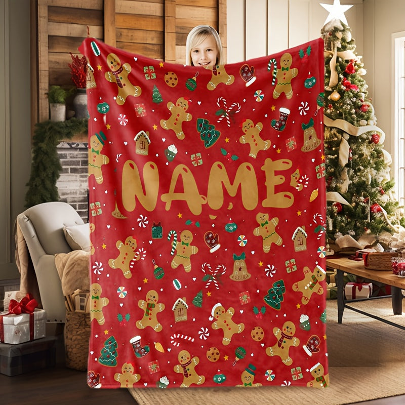 1pc Gingerbread Man And Christmas Tree Pattern Red Design Flannel Oversized Blanket, Christmas Winter Decor, Durable Plush, All Seasons, Suitable for Holiday Home Decoration, Weekend Sofa Nap, Dorm Life