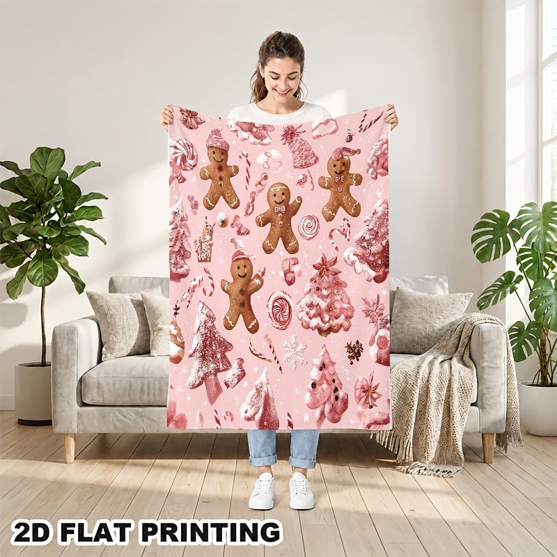 2D Flat 1pc Pink Christmas Gingerbread for Man Flannel Blanket with Candy Stick Tree Snowflake Print, Super Soft Thermal Blanket, Suitable for Winter Holiday Decoration, Comfortable Sofa Blanket for All Seasons, 2D Flat