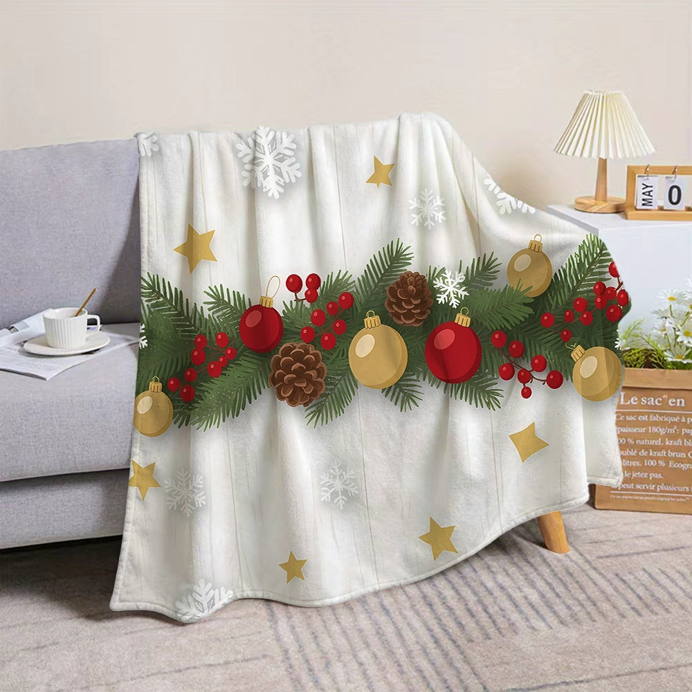 1pc Christmas Holiday Theme Pine Branch Red Golden Ball Snowflake Design White Flannel Blanket, Soft Comfortable Warm, All-Season Blanket, Warm Cover, Suitable for Living Room Sofa, Bedroom, Casual Reading, Winter Heating, And Holiday Decor