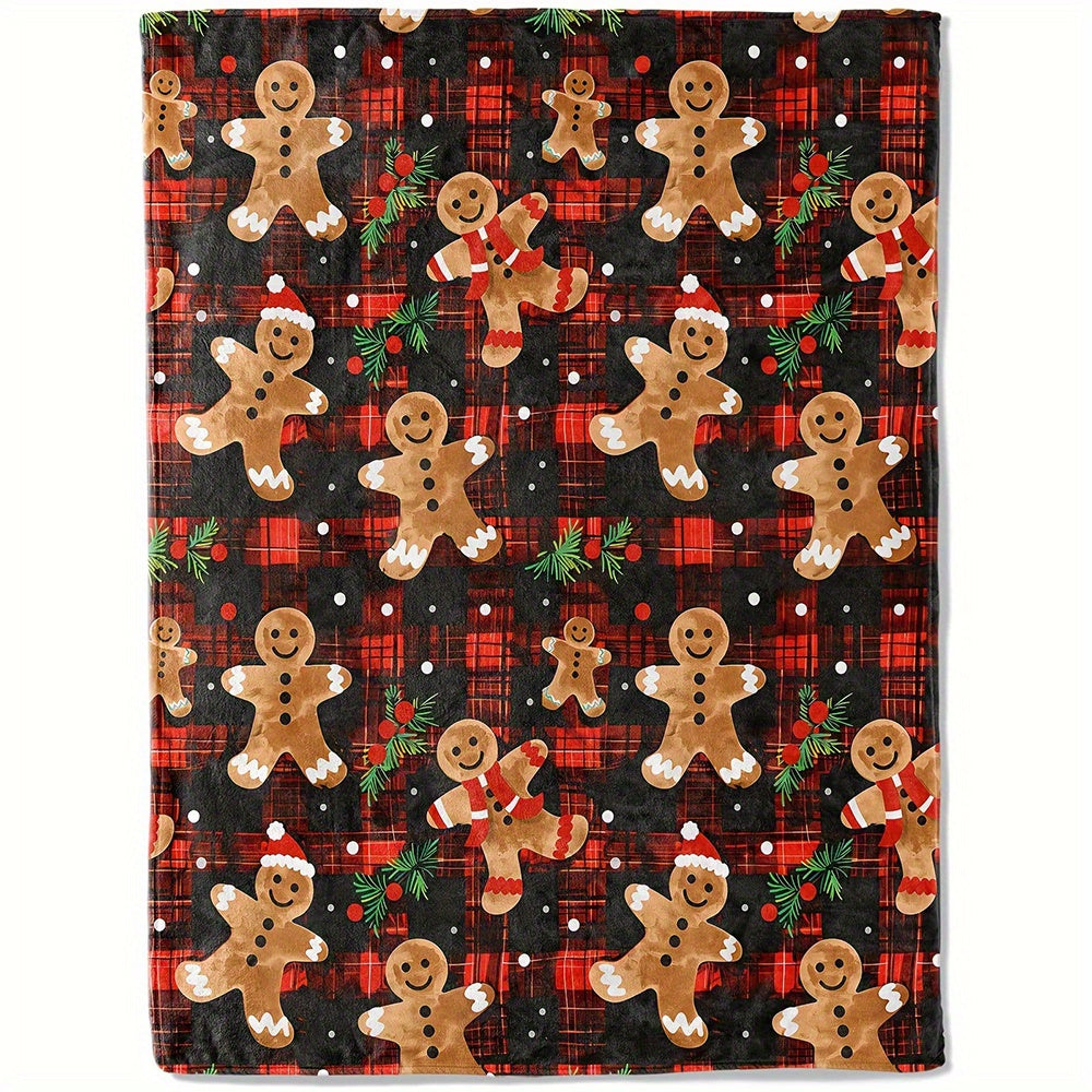1pc Plaid Christmas Blanket, Gingerbread Man Pattern, Ideal for Sofa, Office Bed, Camping, And a Cozy Gift for Any Season