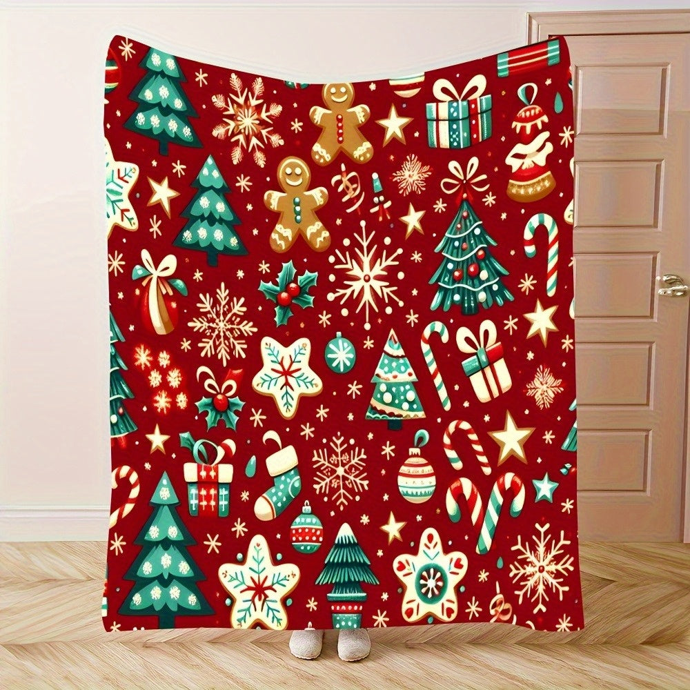 1pc Christmas Holiday Patterned Blanket, Christmas Tree And Gingerbread Design, Soft Plush, Flannel Material Lightweight And Durable, Multiple Sizes Available, Ideal for Christmas, Living Room Sofa, Bedroom Bedside, Holiday Parties, Daily Home Decor