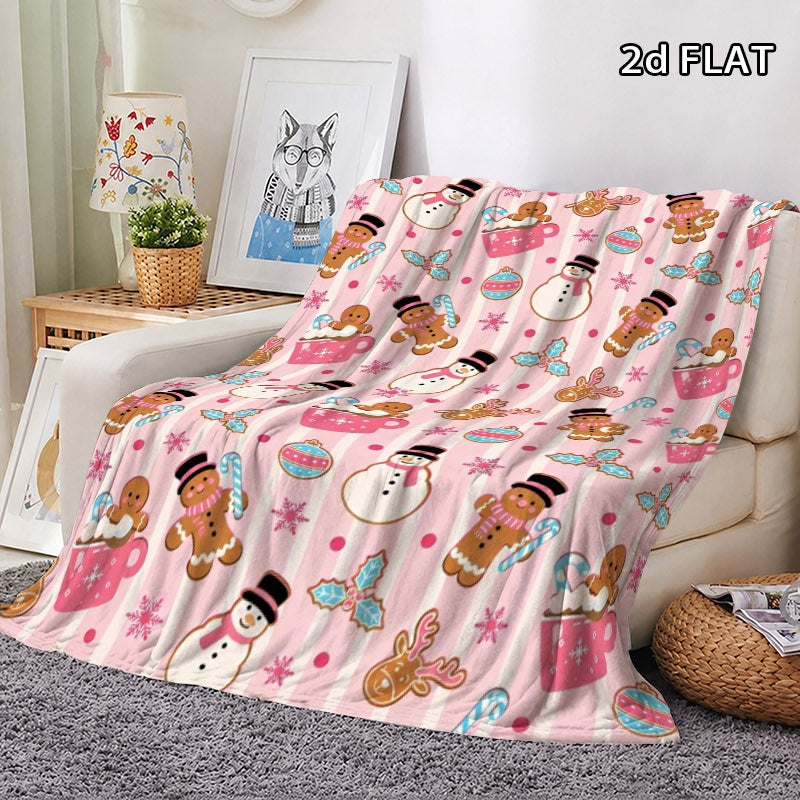 Pink Theme Christmas Pattern Blanket, Comfortable Lunch Break Blanket with Snowman, Gingerbread for Man, Reindeer, Snowflake and Other Holiday Prints, Multi-specification Optional, Suitable for All Family Members, Mothers, Sisters, Fathers,
