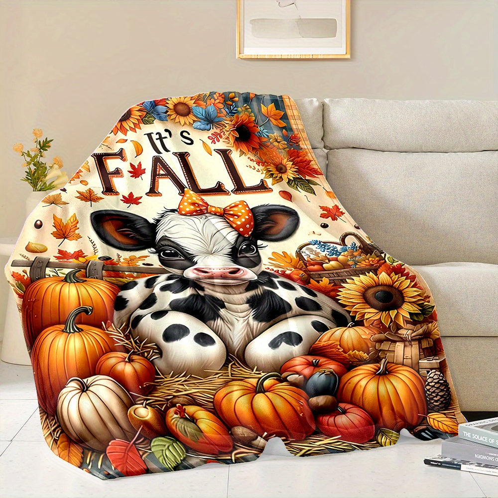 1pc Autumn Cow and Pumpkin Themed Flannel Blanket, Soft, Comfortable, and Warm, with Orange-Yellow Autumn Leaves and Sunflower Design, Durable Plush Surface, All-Season Universal Bed Blanket, Warm Throw Blanket, Multiple Sizes Available