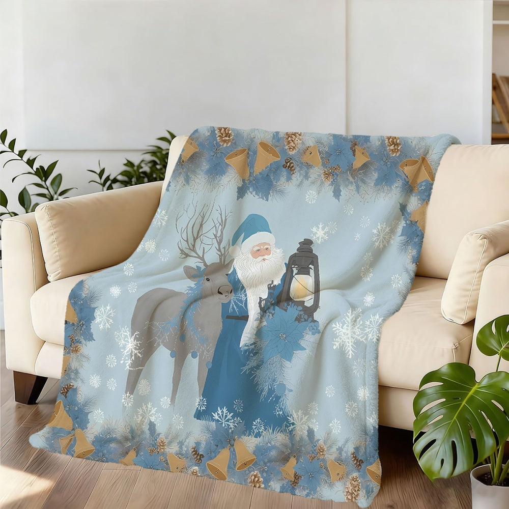 1pc Santa And Reindeer Pattern Blue Flannel Blanket, Soft Comfortable Warm, Blue And White Snowflake Design, All-Season Blanket, Warm Cover, Multiple Sizes Available, Suitable for Living Room Sofa, Bedroom, Casual Reading, Holiday Decor