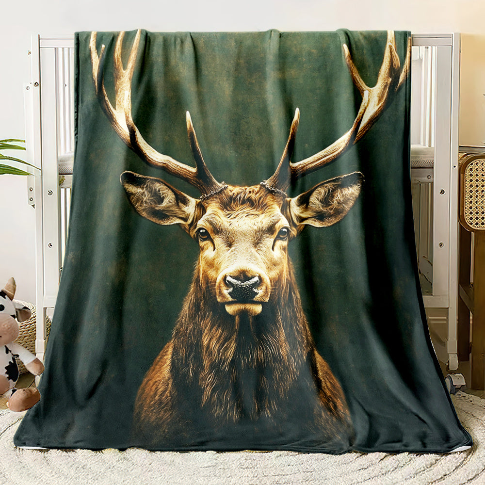 1pc, Elk Head Pattern Flannel Blanket, Soft, Comfortable, and Warm, Dark Green Vintage Design, Durable Plush Surface, All-Season Bed Blanket, Warm Throw Blanket, Multiple Sizes Available, Suitable for Bedroom, Living Room, Sofa, Reading Area