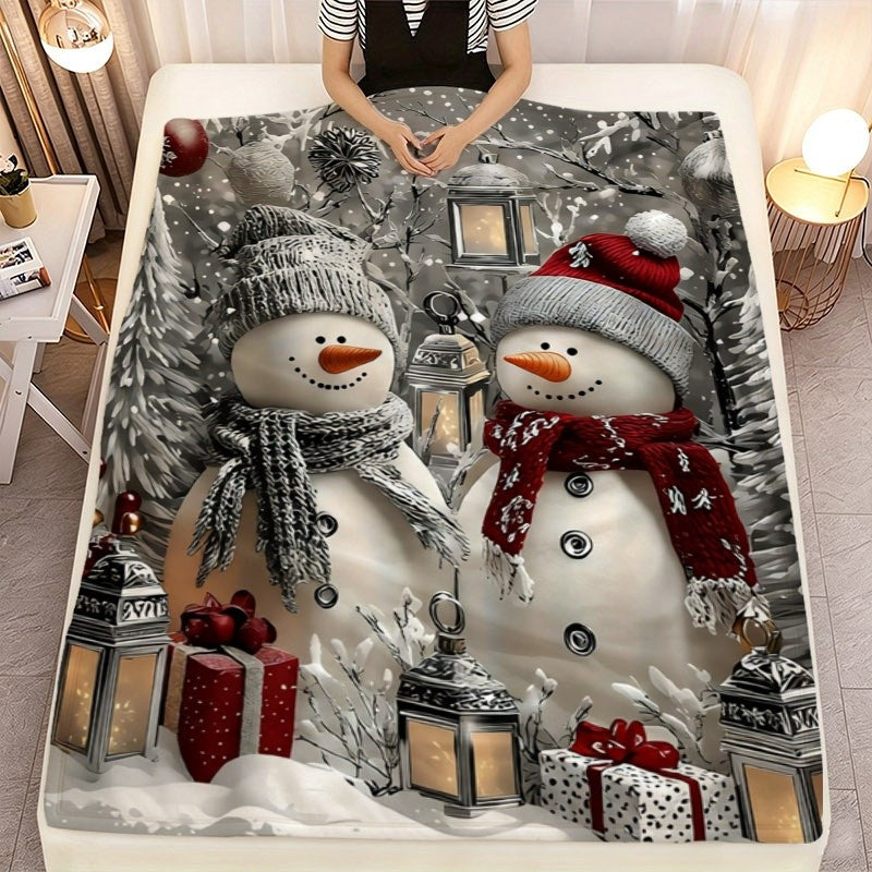 1pc Christmas Snowman and Lantern Gift Pattern Flannel Large Blanket in Black and Red, Multiple Sizes Available, Full-Body Blanket, Christmas Winter Decoration, Durable Plush Surface, Suitable for Living Room Sofa Cover, Weekend Sofa Naps