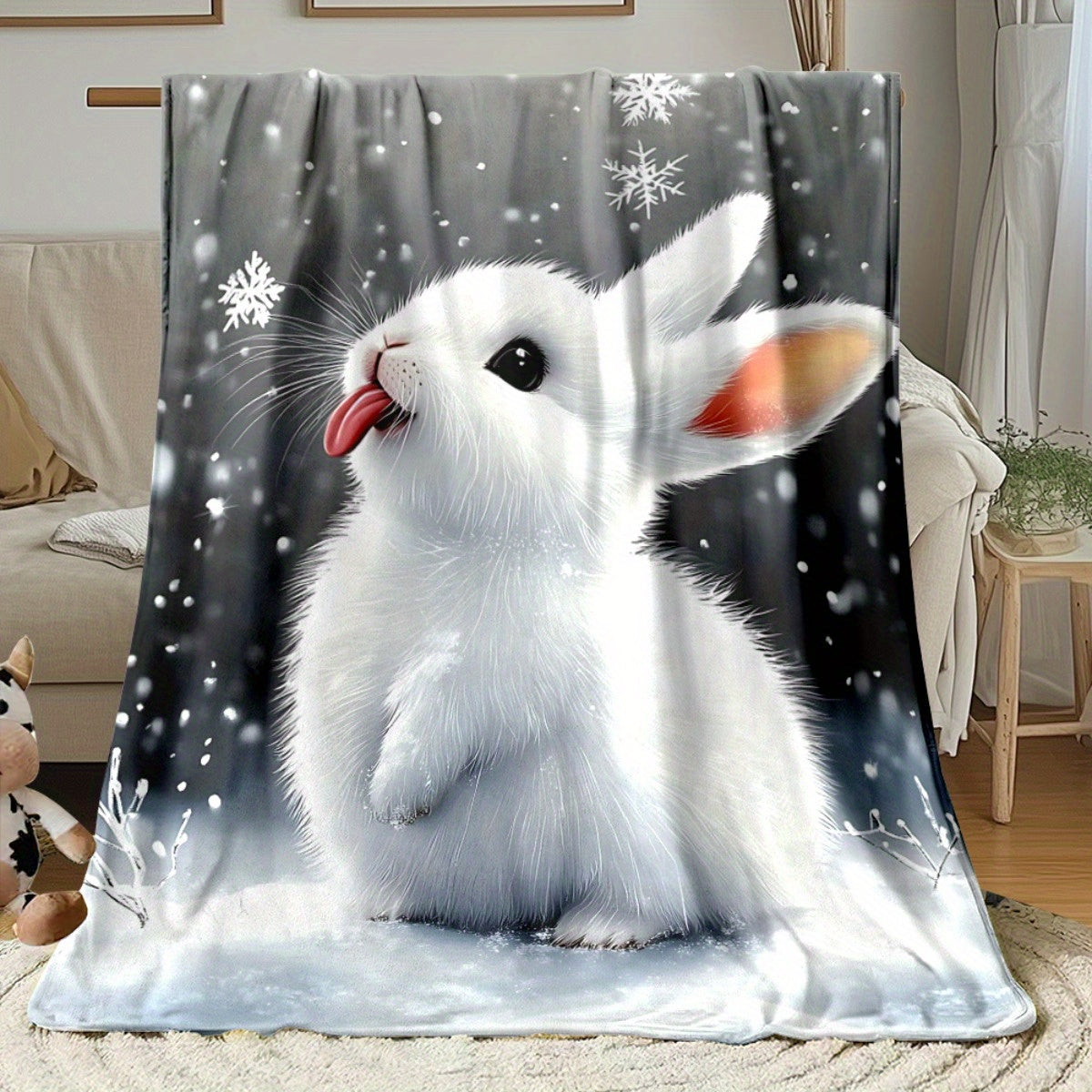 1pc 2D Flat Printed Cute White Rabbit Snow Scene Blanket, Soft Flannel Blanket - Gray Winter Design, Multiple Sizes Available, Suitable for Living Room, Bedroom, Sofa, Balcony, and Courtyard, 2D Flat