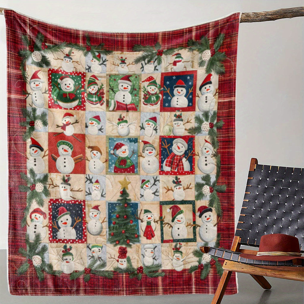 1pc Christmas Snowman and Pine Branch Pattern Flannel Blanket, Soft, Comfortable, and Warm, Red Plaid Design, Durable Plush Surface, All-Season Bed Blanket, Warm Throw Blanket, Multiple Sizes Available, Suitable for Living Room, Bedroom