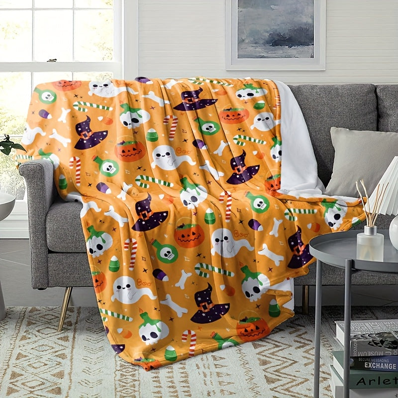 1pc Halloween Pumpkin Pattern Orange Flannel Blanket, Soft, Comfortable, and Warm, Cartoon Design, Durable Plush Surface, All-Season Bed Blanket, Warm Throw Blanket, Multiple Sizes Available, Suitable for Living Room, Bedroom, Sofa