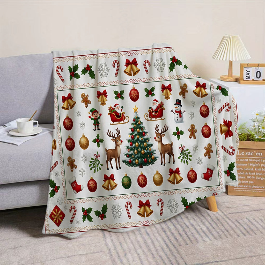 1pc, Santa Claus and Reindeer Pattern Christmas Themed Flannel Blanket, Soft, Comfortable, and Warm, Red and White Holiday Design, Durable Plush Surface, All-Season Universal Sofa Blanket, Warm Throw Blanket, Multiple Sizes Available