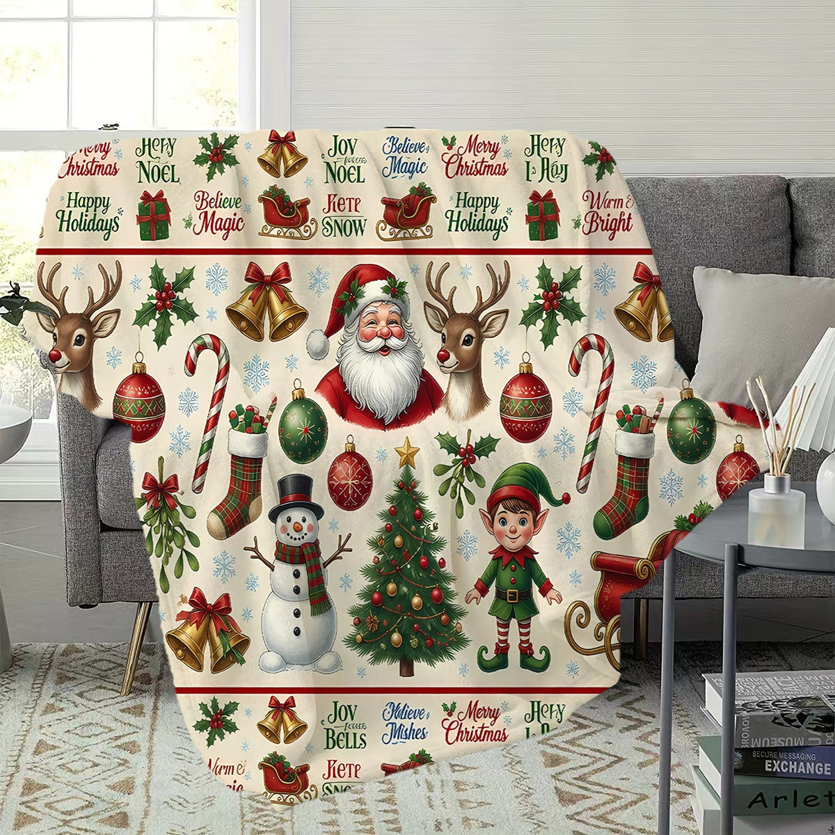 1pc, Santa And Reindeer Pattern Flannel Blanket, Soft Comfortable Warm, Beige Holiday Design, Durable Plush, All-Season Sofa Blanket, Warm Cover, Multiple Sizes Available, Suitable for Living Room Sofa, Bedroom, Reading Corner, Holiday Parties