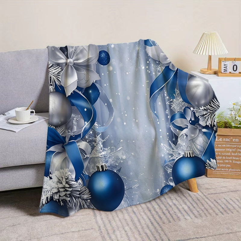 1pc 2D Flat Print Blue and Silvery Christmas Ball with Bow Flannel Blanket, Soft Flannel Throw—blue and Silvery Primary Color Design, Multiple Sizes Available, Suitable for Living Room Sofas, Bedroom, Leisure Reading, Holiday Decoration