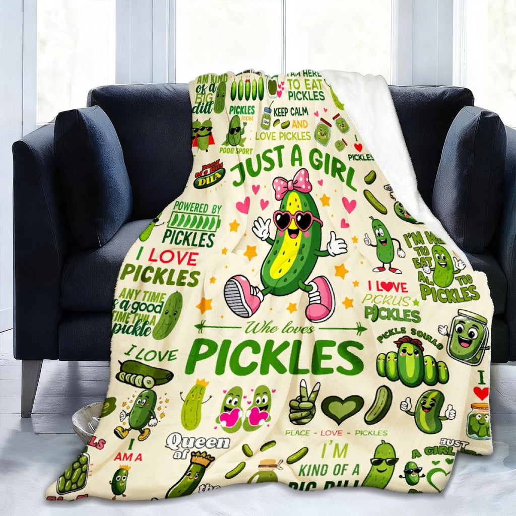 JOOCAR Pickle Theme Plush Blanket - Soft Flannel Comfortable in All Seasons, Cover, Printed with Cute Pickle Pattern, Cucumber and Dill Pattern, Green and White Color Scheme for Room and Travel - Fun Gifts (Pickle Lovers) 1 Birthday Gift