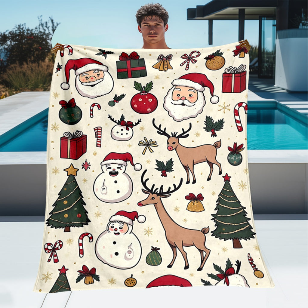 1pc Santa Claus Reindeer Pattern Blanket, Christmas Holiday Decor Design, Soft Plush, Flannel Material Lightweight Durable, Multiple Sizes Available, Ideal for Christmas, Outdoor Courtyard, Leisure Time, Christmas Holiday Decoration