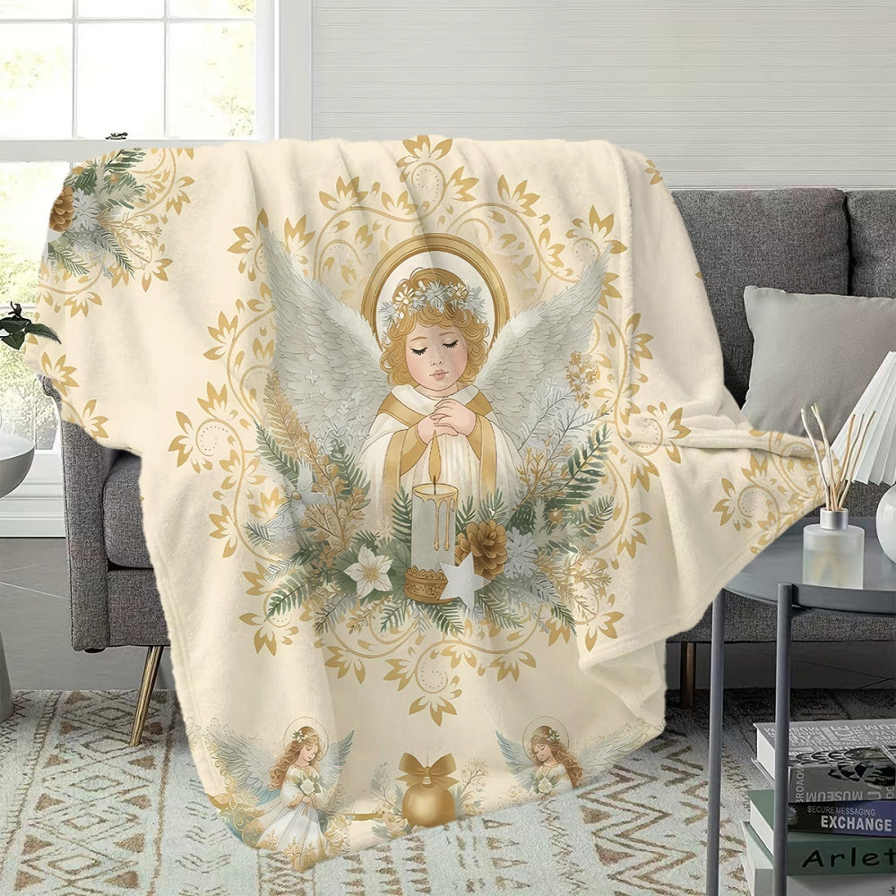 1pc Christmas Angel And Candle Floral Pattern Golden Main Color Flannel Blanket, Soft Comfortable Warm, All-Season Blanket, Warm Cover Blanket, Suitable for Living Room Sofa, Bedroom, Reading Area, Rest Area, And Holiday Decor