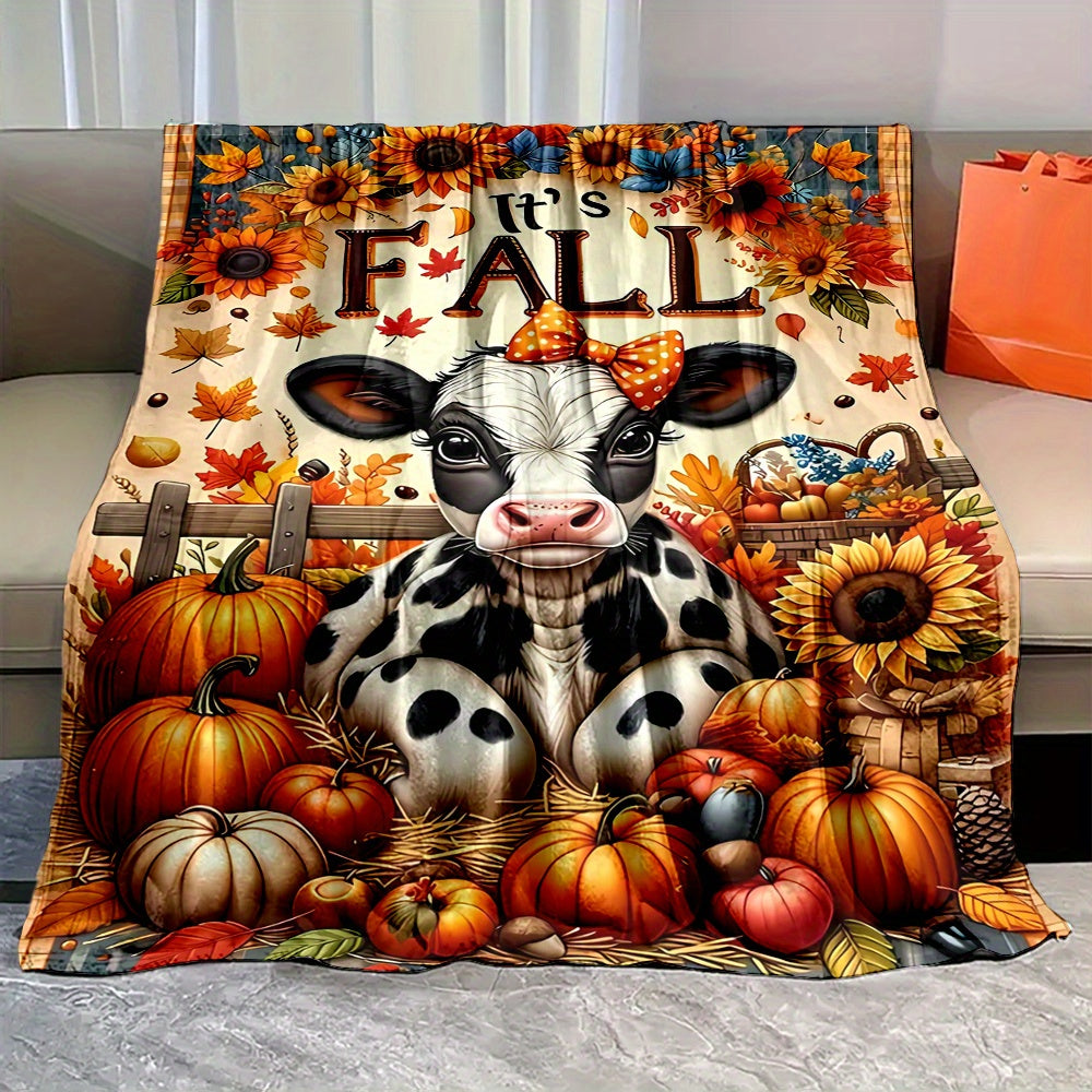 1pc Autumn Cow and Pumpkin Themed Flannel Blanket, Soft, Comfortable, and Warm, with Orange-Yellow Autumn Leaves and Sunflower Design, Durable Plush Surface, All-Season Universal Bed Blanket, Warm Throw Blanket, Multiple Sizes Available