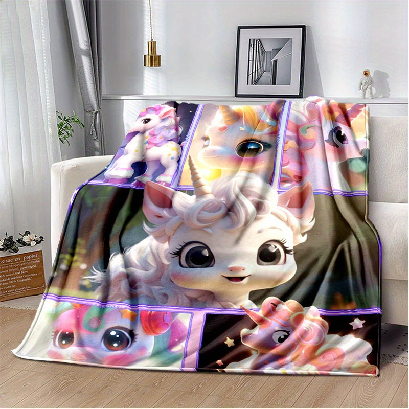 1pc 2D Flat Printed Cute Unicorn Themed Blanket, Soft Flannel Throw Blanket - Pink and Purple Design, Multiple Sizes Available, Suitable for Living Room, Bedroom, Sofa, Couch, and Reading Area, 2D Flat