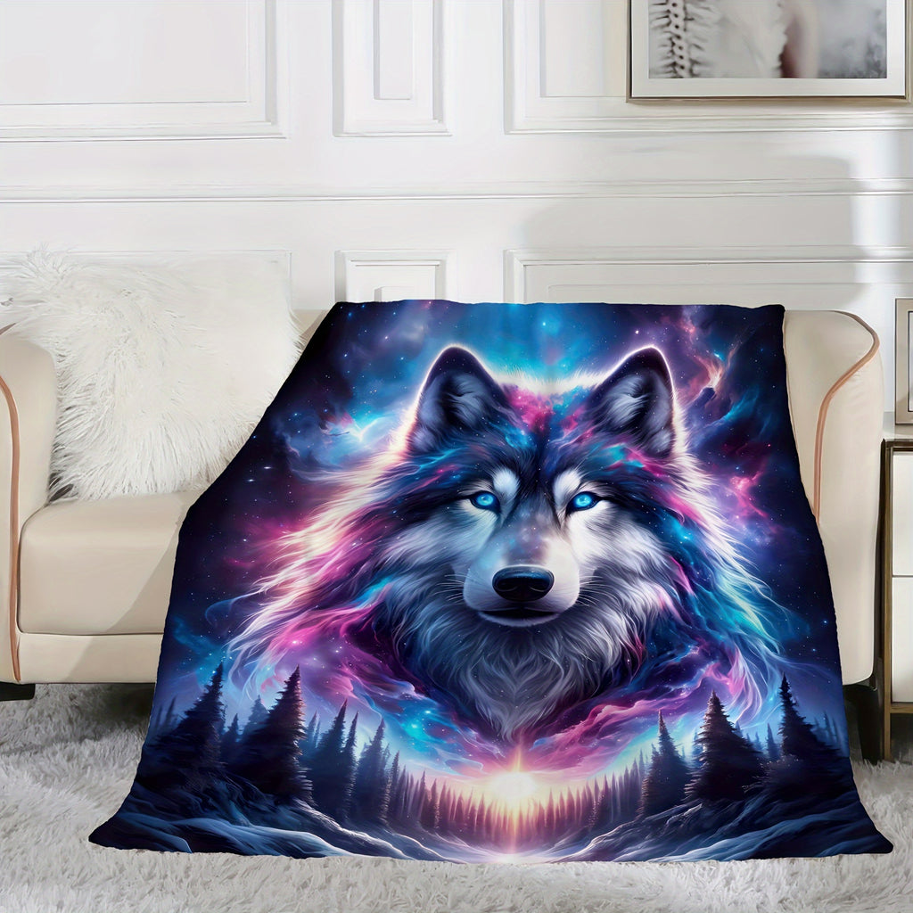 1pc 2D Flat Print Starry Sky Wolf Head Blanket, Soft Flannel Throw—deep Blue-purple Gradient Design, Multiple Sizes Available, Suitable for Living Room Sofas, Bedroom, Outdoor Camping, Reading Time, and Movie-watching Moments, 2D Flat