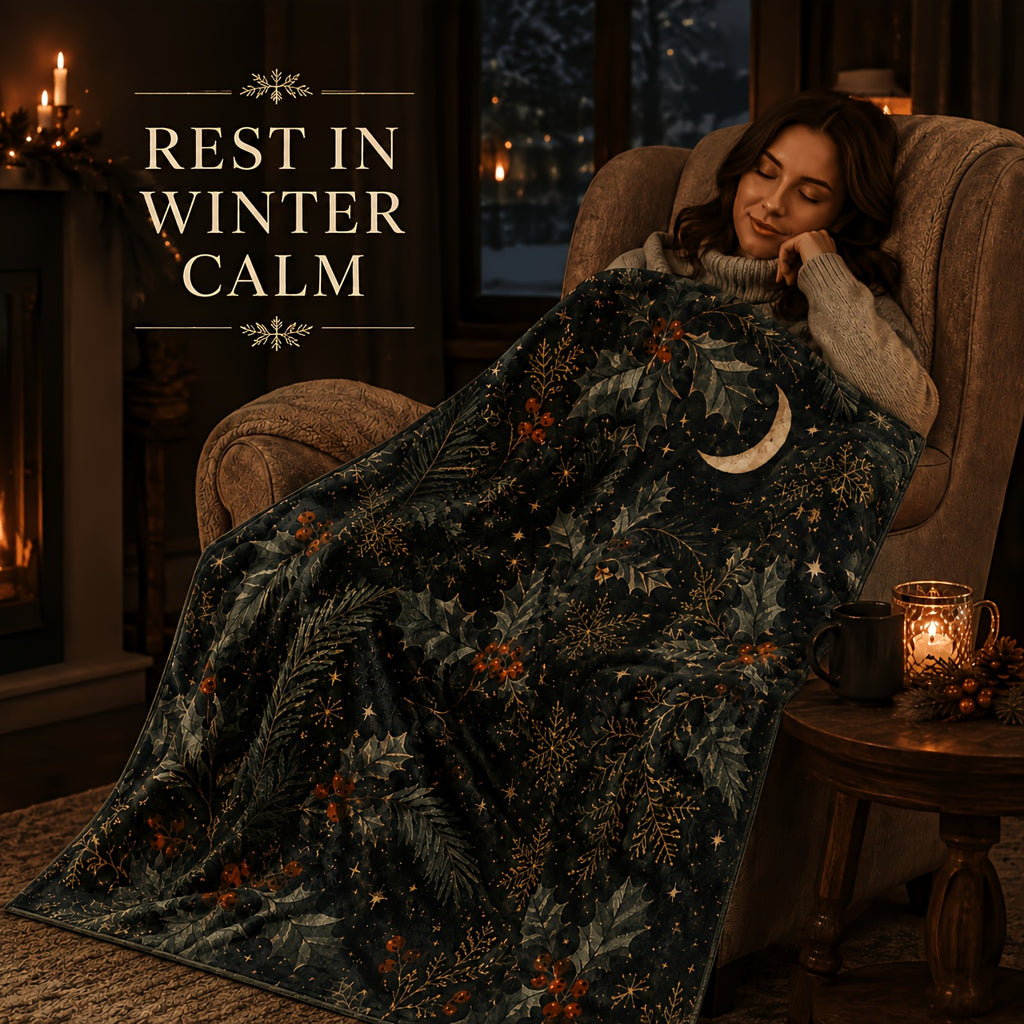 Blanket, Midnight Holly Forest Blanket Dark Holly Pine Branch Red Fruit Crescent Moon Living Room Sofa Bedroom Lunch Break Blanket
