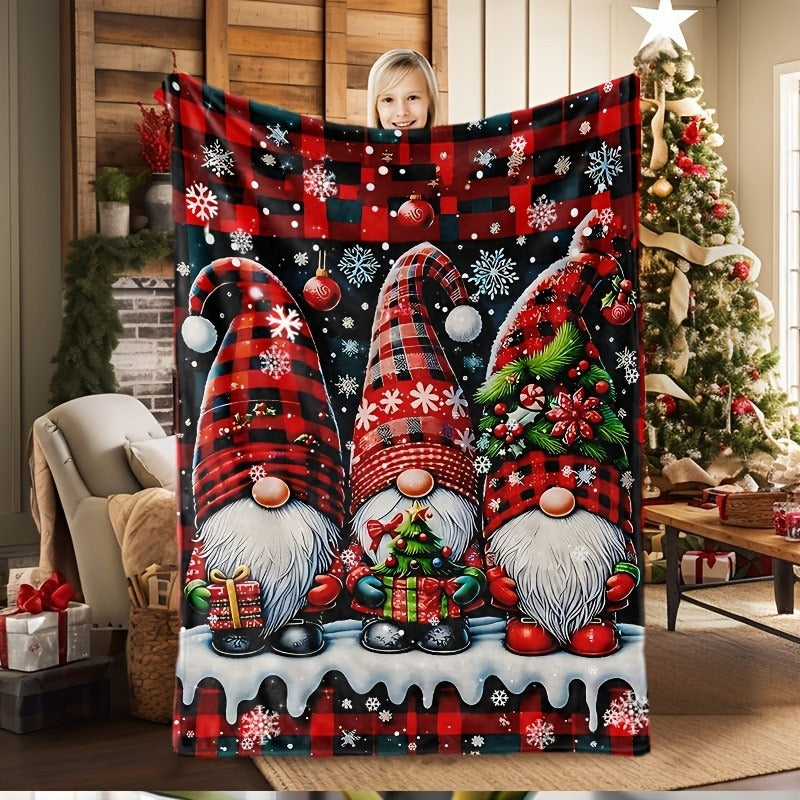 1 Comfortable Christmas Gnome Pattern Blanket - Red Plaid and Snowflake Design, Soft Polyester Fiber, Suitable for Sofas, Sleeping, Travel and Camping in All Seasons