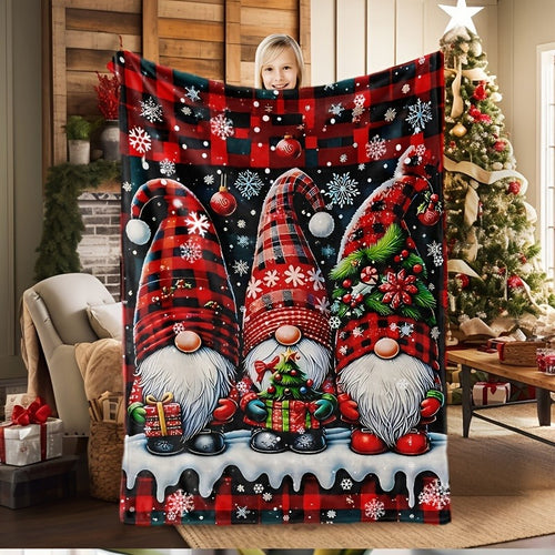 1 Comfortable Christmas Gnome Pattern Blanket - Red Plaid and Snowflake Design, Soft Polyester Fiber, Suitable for Sofas, Sleeping, Travel and Camping in All Seasons
