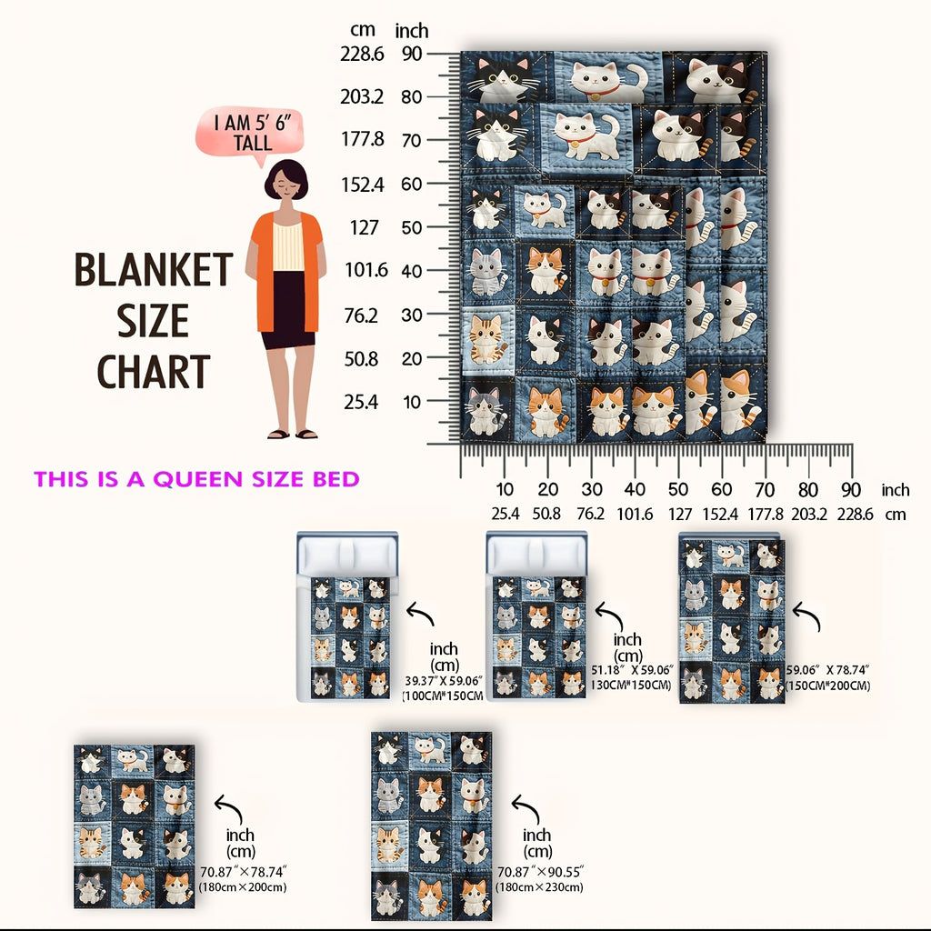 1pc Imitation Denim Patchwork Cute Cat Print, 2D Printed Ultra-Soft Flannel Blanket, Premium Plush Blanket, Lightweight Bed Blanket, Multi-Scene Use, Can Be Used as a Throw Blanket, Air Conditioning Blanket, Shawl Blanket, Travel Blanket, an Ideal