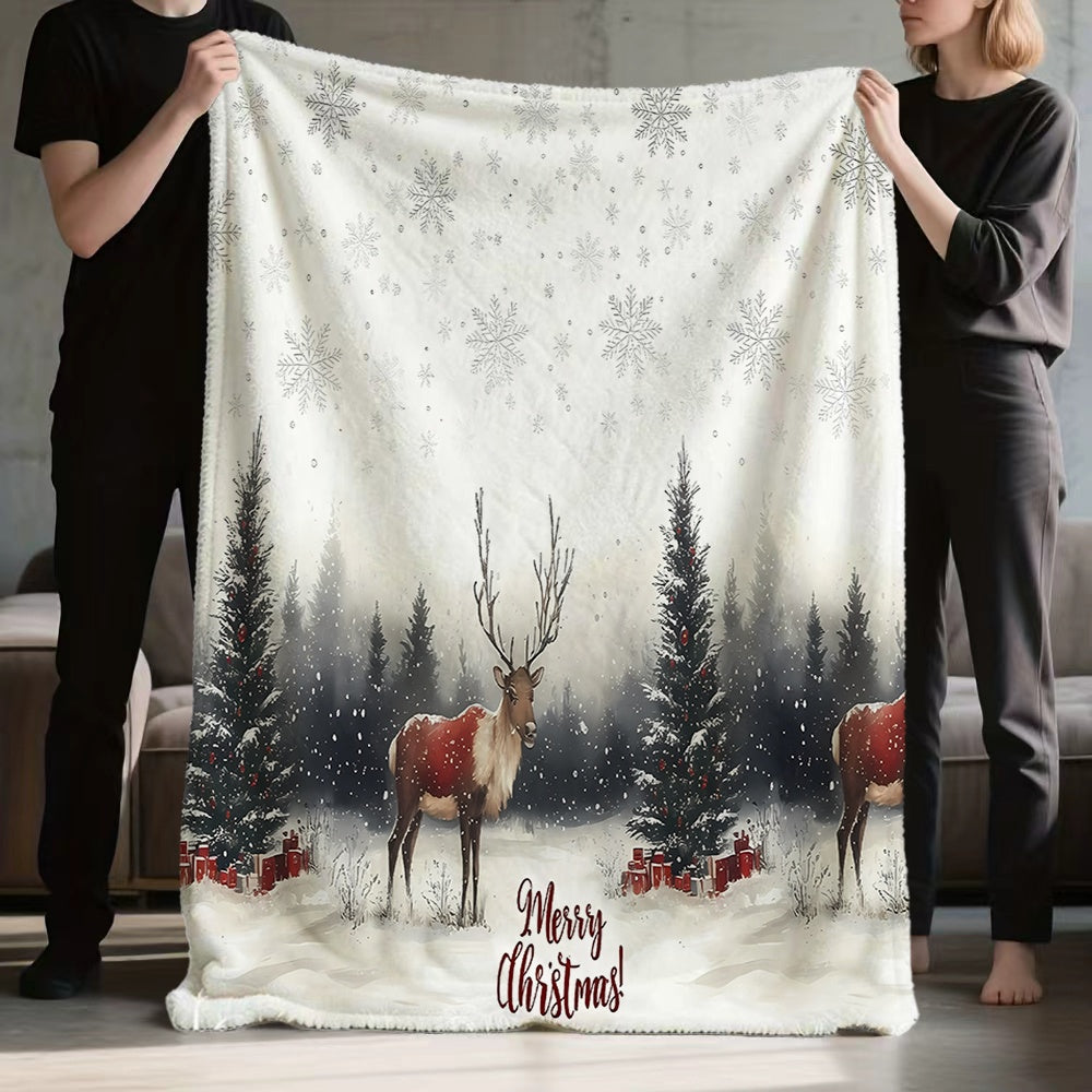1pc Christmas Reindeer And Fir Tree Snowflake Pattern Flannel Blanket, Soft Comfortable Warm, White Winter Design, All-Season Blanket, Warm Cover, Multiple Sizes Available, Suitable for Living Room Sofa, Bedroom, Reading Corner