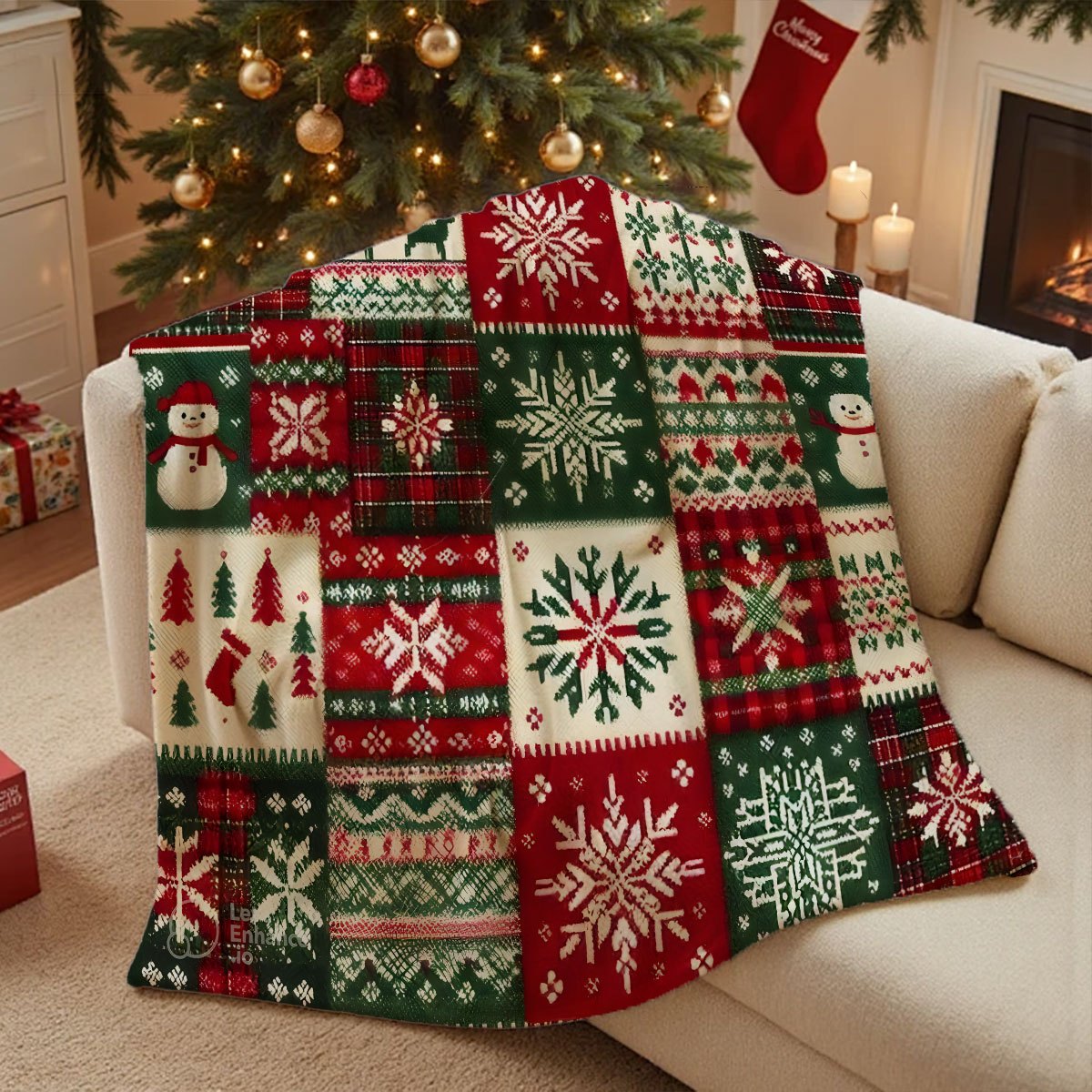 1 Fair Island Jacquard Christmas Flannel Blanket, Red and Green Snowflake Reindeer Thermal Blanket, Soft and Skin-friendly Comfortable Lunch Break Blanket, Bedroom Sofa Casual Blanket, Holiday Pattern, Home Decoration Blanket