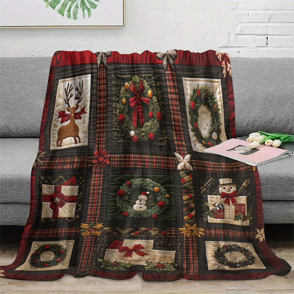 Vintage Red Snowman, Reindeer, Garland, Gift Patchwork Pattern Blanket for Family And Friends, High-Quality Polyester Machine Washable, Multifunctional Comfortable Sofa And Single Bed