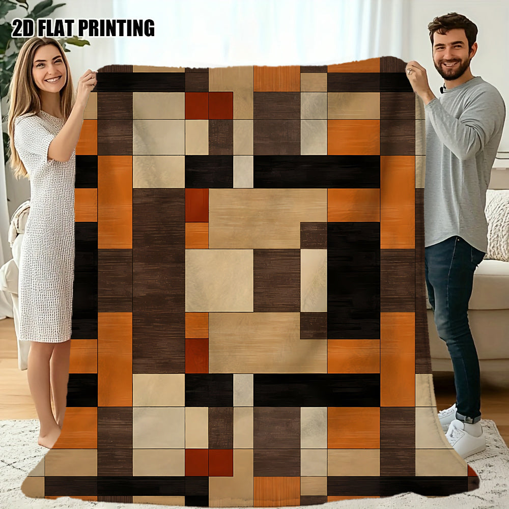 1pc Geometric Square Pattern Blanket, Modern Minimalist Style Design, Soft Plush Surface, Flannel Material Lightweight And Durable, Multiple Sizes Available, Ideal for Holiday Gatherings, Living Room Leisure, Bedroom Sleep, Study Reading