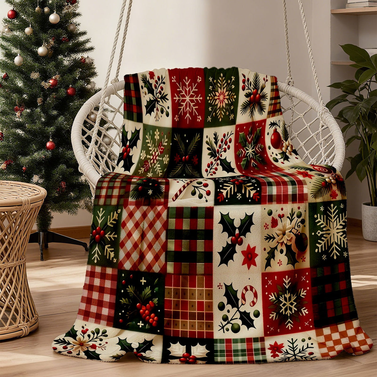 1 Christmas Flannel Blanket, Holly Snowflake Pattern, Printed Flannel Material, Bright Neon Colors with Butterflies and Love Elements, Universal in All Seasons, Blanket, Warm Home Accessories, Suitable for Naps and Christmas Days