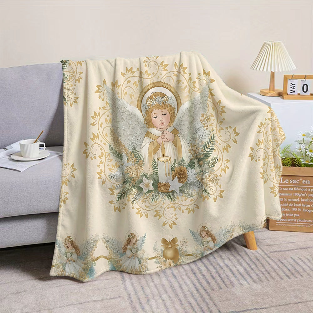 1pc Christmas Angel And Candle Floral Pattern Golden Main Color Flannel Blanket, Soft Comfortable Warm, All-Season Blanket, Warm Cover Blanket, Suitable for Living Room Sofa, Bedroom, Reading Area, Rest Area, And Holiday Decor