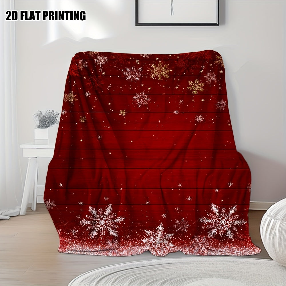 1pc 2D Flat Printing, Red Snowflakes And Golden Stars Blanket - Soft And Comfortable, Christmas Festive Style, Multi-Size Available, Suitable for Living Room, Bedroom, Sofa, And Casual Reading