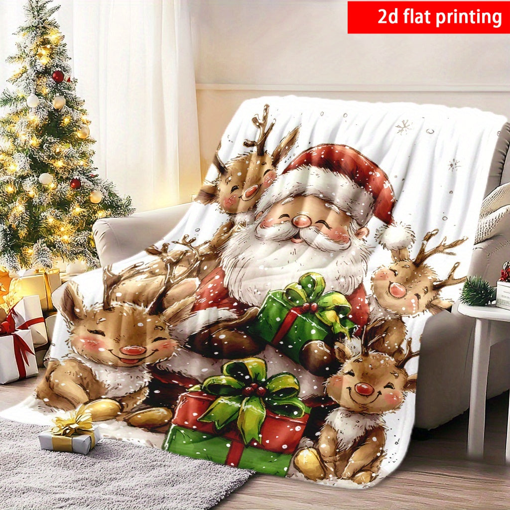 1pc Santa Claus And Reindeer Pattern Red Design Flannel Oversized Blanket, Multi-Size Full-Body Blanket, Christmas Winter Decor, Durable Plush, All-Season Use, Suitable for Living Room Sofa Cover, Weekend Nap, Reading Time