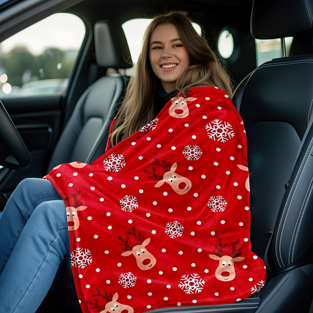Holiday Reindeer and Snowflake Flannel Blanket - Bright Red with White Dots, Soft and Cozy Christmas Decoration, All-Season Warmth, Perfect Gift for Home and Holidays, Reindeer Christmas Decor, Festive Home Decor, Fun Pattern, High-Quality Fabric