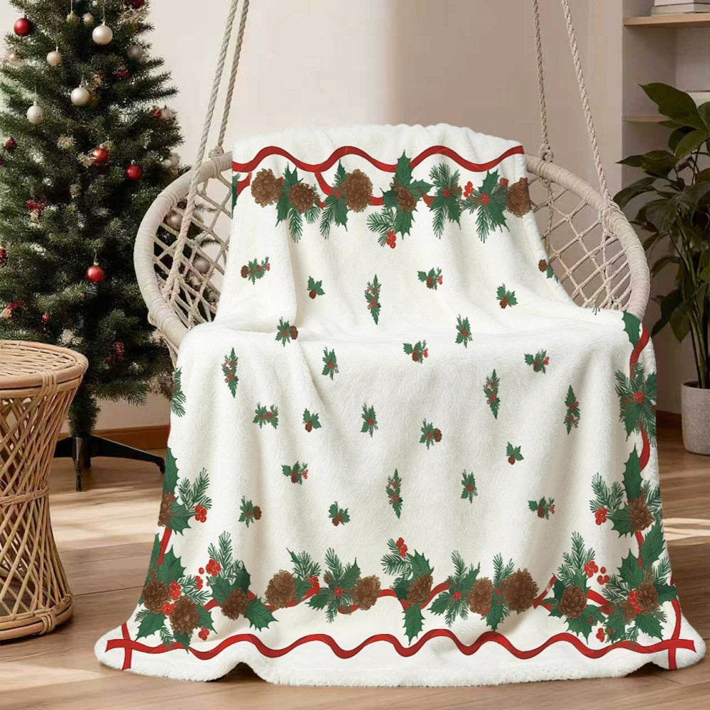 1 Christmas Pinecone and Holly Leaf Pattern Flannel Blanket, Soft, Comfortable, and Warm, with a White Base and Red-green Decorative Design. A Four-season Universal Sofa Blanket and Warm Throw Blanket, Available in Multiple Sizes. Suitable for Living