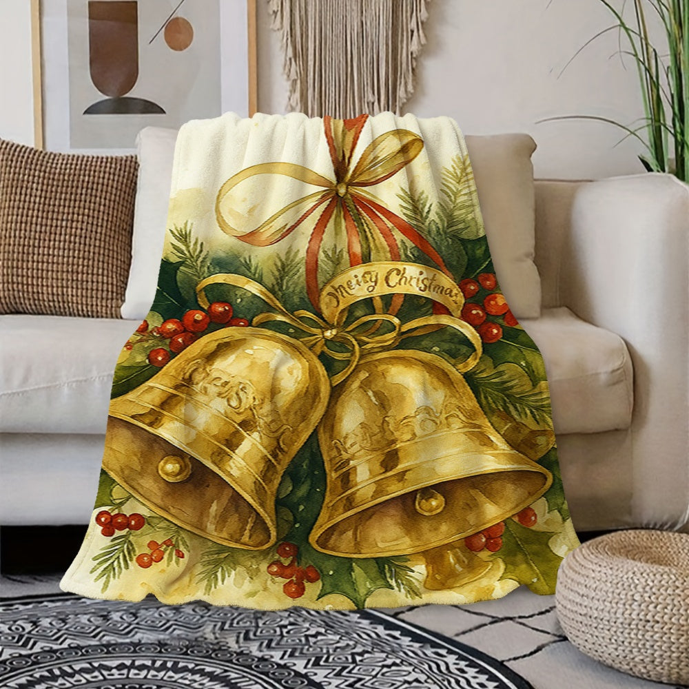 1pc Golden Christmas Bell And Holly Leaf Design Flannel Blanket, Creamy Beige Base Holiday Decor, Soft Plush All-Season Use, Suitable for Reading Time, Bedside Decoration, And Entertainment