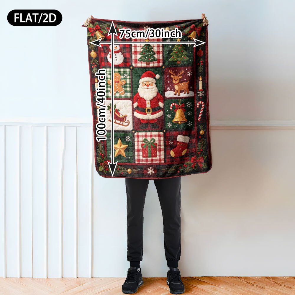 Flat/2D Digital Printing Flannel Blanket Blanket, Pastoral and Rural Plaid Patchwork Design, Christmas Theme, Santa Claus, Snowman, Christmas Tree, Gingerbread for Man, Reindeer, Sleigh, Gift, Sock Elements, Soft and Skin-friendly